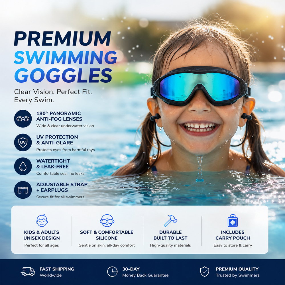👓Anti-Fog Swimming Goggles – Clear · Comfortable Vision 💧
